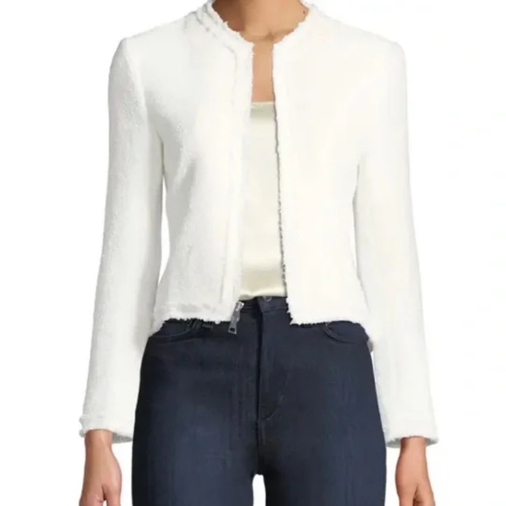 Theory White Spring Boucle Zip Front Flounce Jacket S